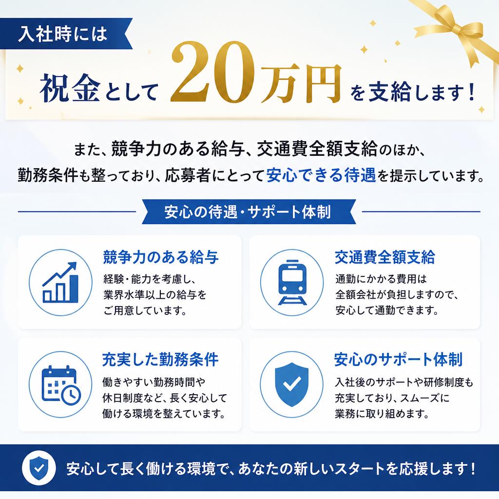 具体的な待遇を明示！入社祝金20万円
